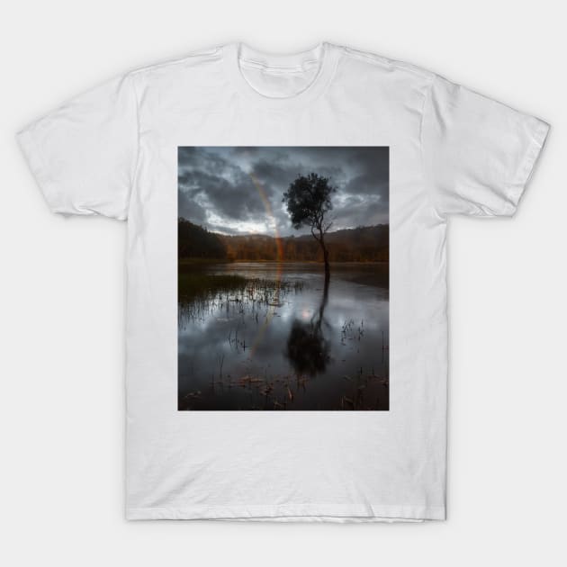 Reflection of a rainbow at mcmasters lagoon on the nsw central coast T-Shirt by Geoff79